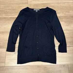 Josephine Chaus Silk Blend Ribbed Scoop Neck Sweater Navy‎ Blue Sz M Cardigan